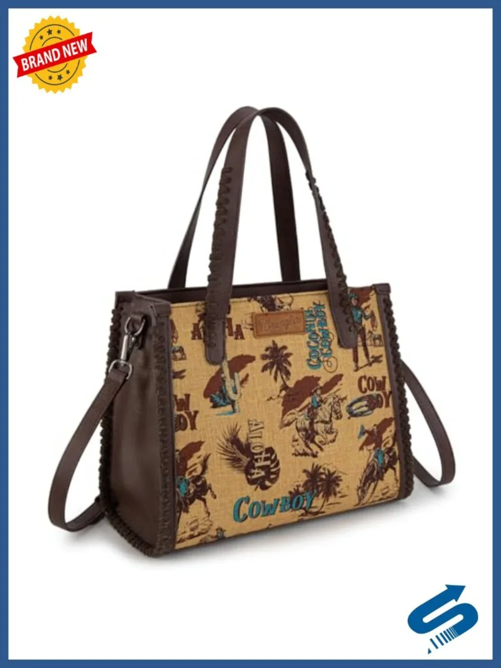 Canvas & Synthetic Leather Tote Bag with Crossbody Strap Western Cowboy Print